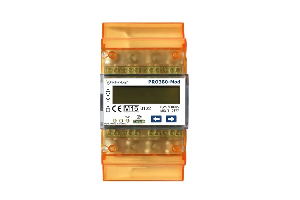 Drehstromzähler von Solar-Log mit RS485 Modbus Schnittstelle und 100A max. Strombelastung. Anzeige- und Anschlussfeld auf Kunststoffgehäuse zu sehen.