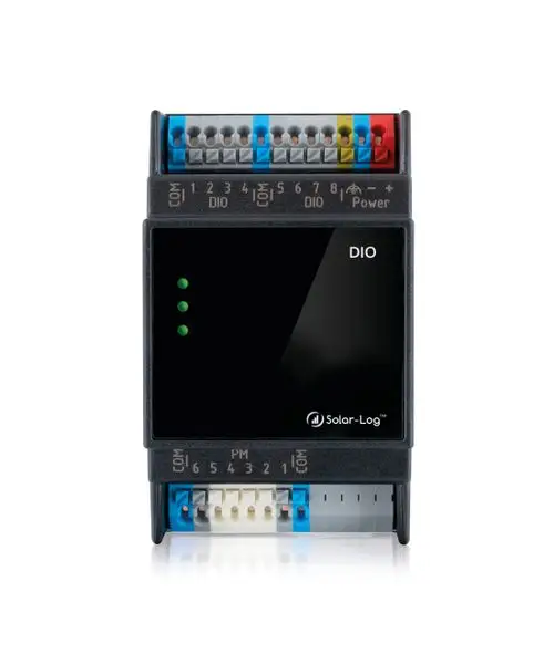 MOD I/O Anschluss für Powermanagement von Solar-Log mit Anschlussmöglichkeiten für digitale Eingänge und Statusanzeigen auf der Oberseite.