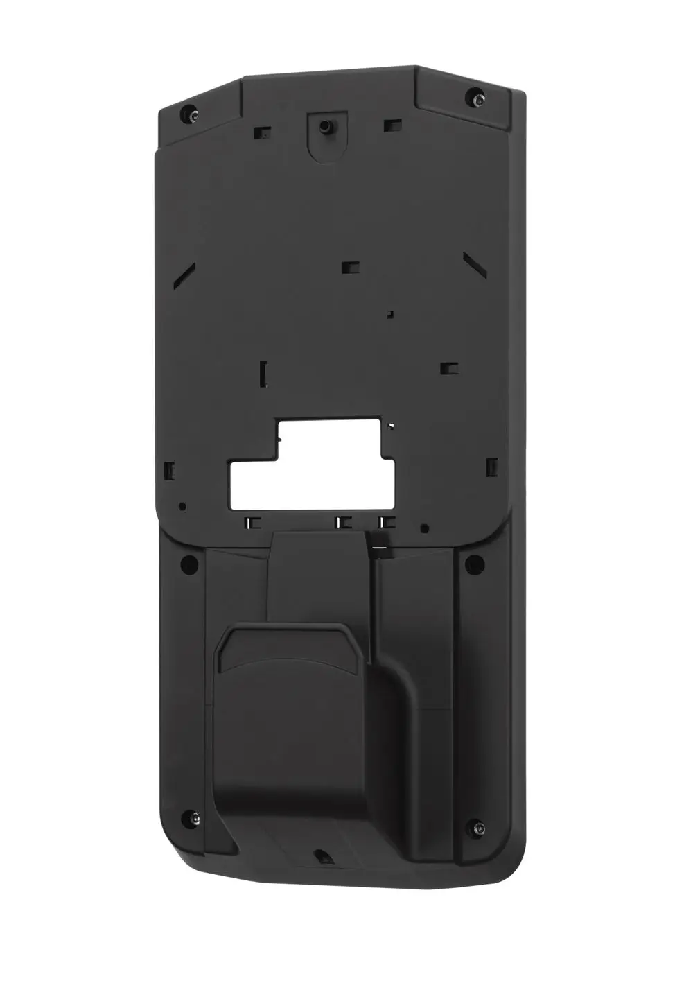 Montageplatte in Schwarz zur Befestigung, geeignet für die Verwendung mit ABL-Ladekabelsystemen. Sichtbare Aussparungen und Befestigungslöcher für einfache Installation.