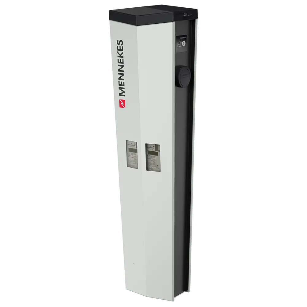 Vertikales Ladegerät von MENNEKES in Weiß mit zwei Ladesäulen und Anzeigeelementen, geeignet für die Elektrofahrzeugaufladung.