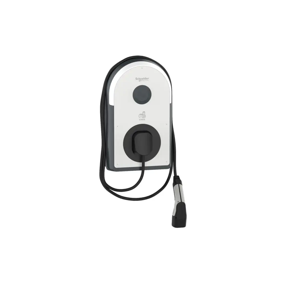 Wallbox von Schneider Electric zur Wandmontage, ausgestattet mit einem Ladekabel und einem Anschluss für Elektrofahrzeuge, sowie Bedienelementen an der Vorderseite.