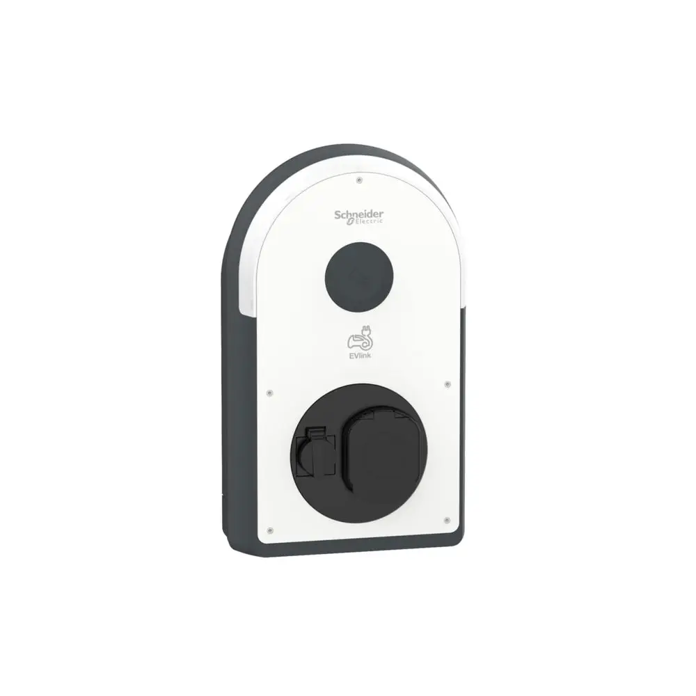 Ladeeinrichtung zur Wandmontage in Weiß mit einem Steckeranschluss und einem integrierten NFC/RFID-Lesegerät, hergestellt von Schneider Electric.
