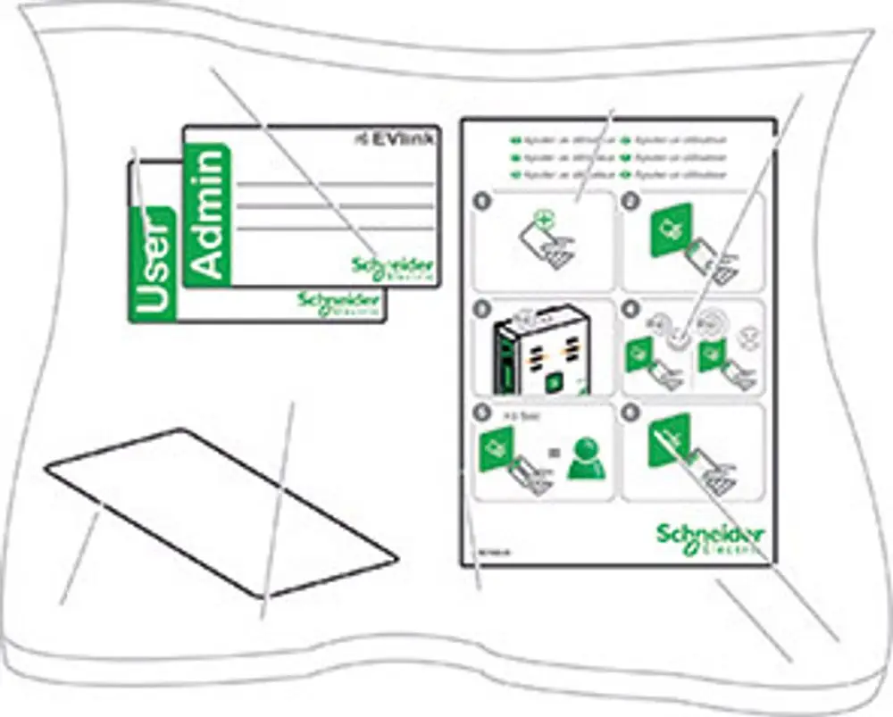 Schneider Electric Dokumentation mit Anleitungen zur Verwendung von RFID-Ausweisen. Grafiken zeigen Schritte zur Anmeldung und Verwaltung von Benutzern.
