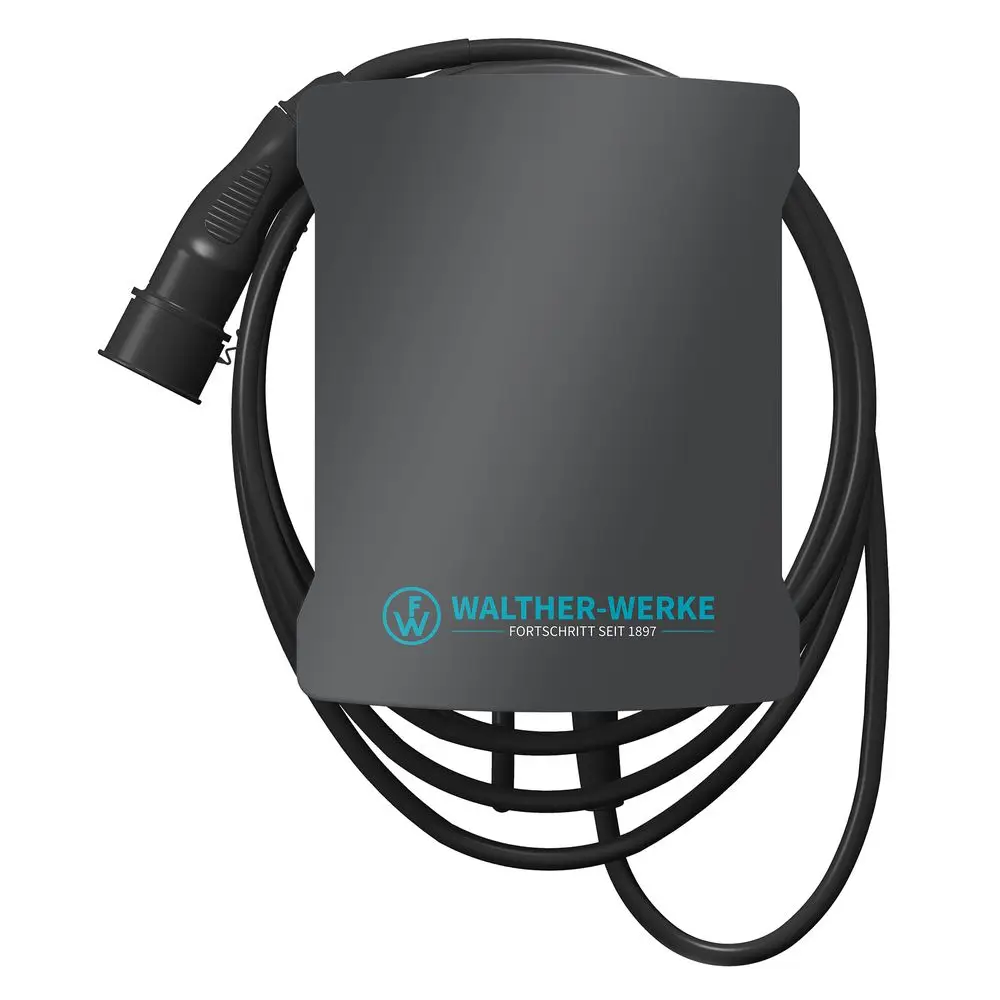 Wallbox von Walther mit Ladekupplung und Kabel, ausgelegt für wall-mounted Installation, geeignet für Elektrofahrzeuge.