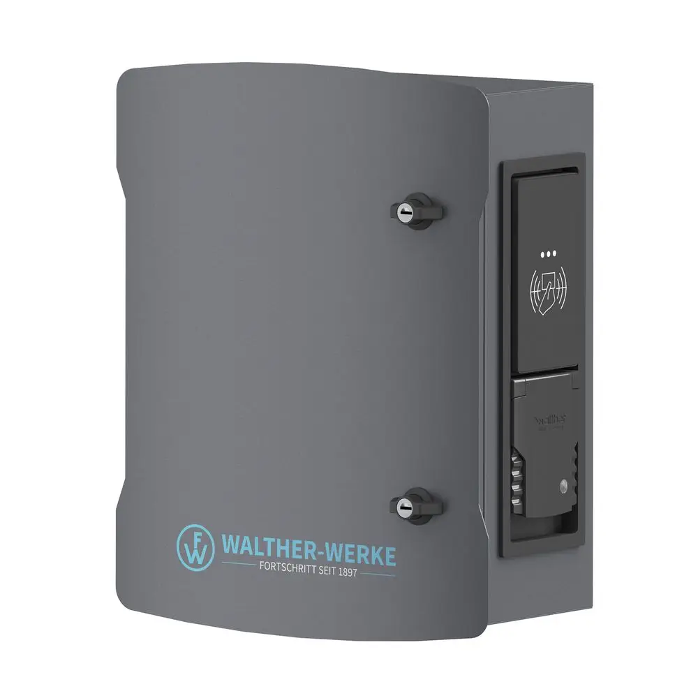 Graue Wandbox von Walther mit einem Ladeanschluss, versehen mit einem Schloss und einem Bedienelement für die Steuerung.