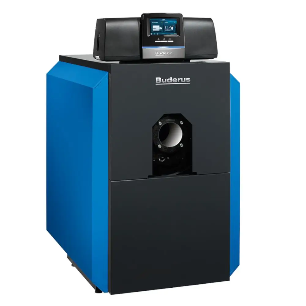 Buderus Heizkessel in rechteckiger Form mit schwarzer Front und blauer Seitenfläche, ausgestattet mit Bedienteil oben. Entwurf für Gas- und Öl-Brennwerttechnik.