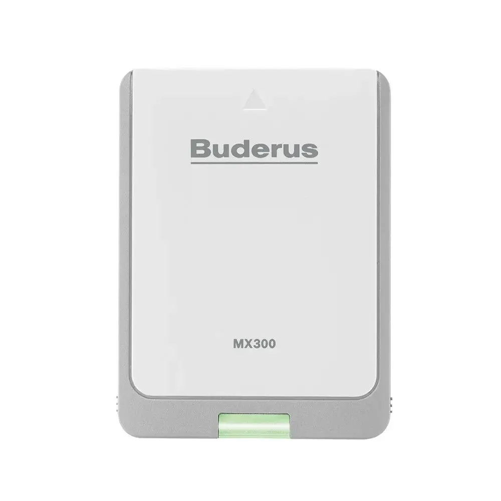 Weißes Kommunikationsmodul von Buderus mit einem LED-Indikator und einem schlanken Design, geeignet für die Kommunikation in Heizsystemen.