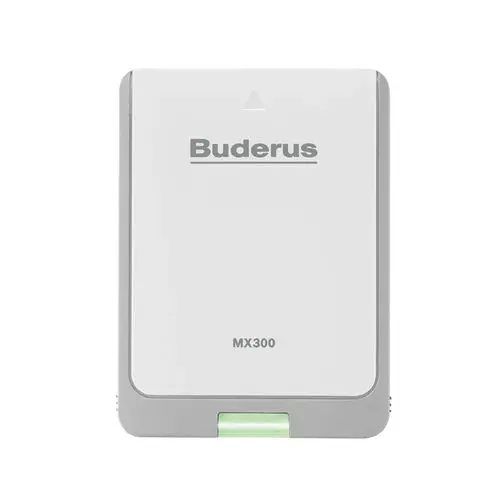 Buderus MX300 Regelgerät in weiß mit grauem Rand und grünem Einschaltknopf, auf schwarzem Hintergrund.