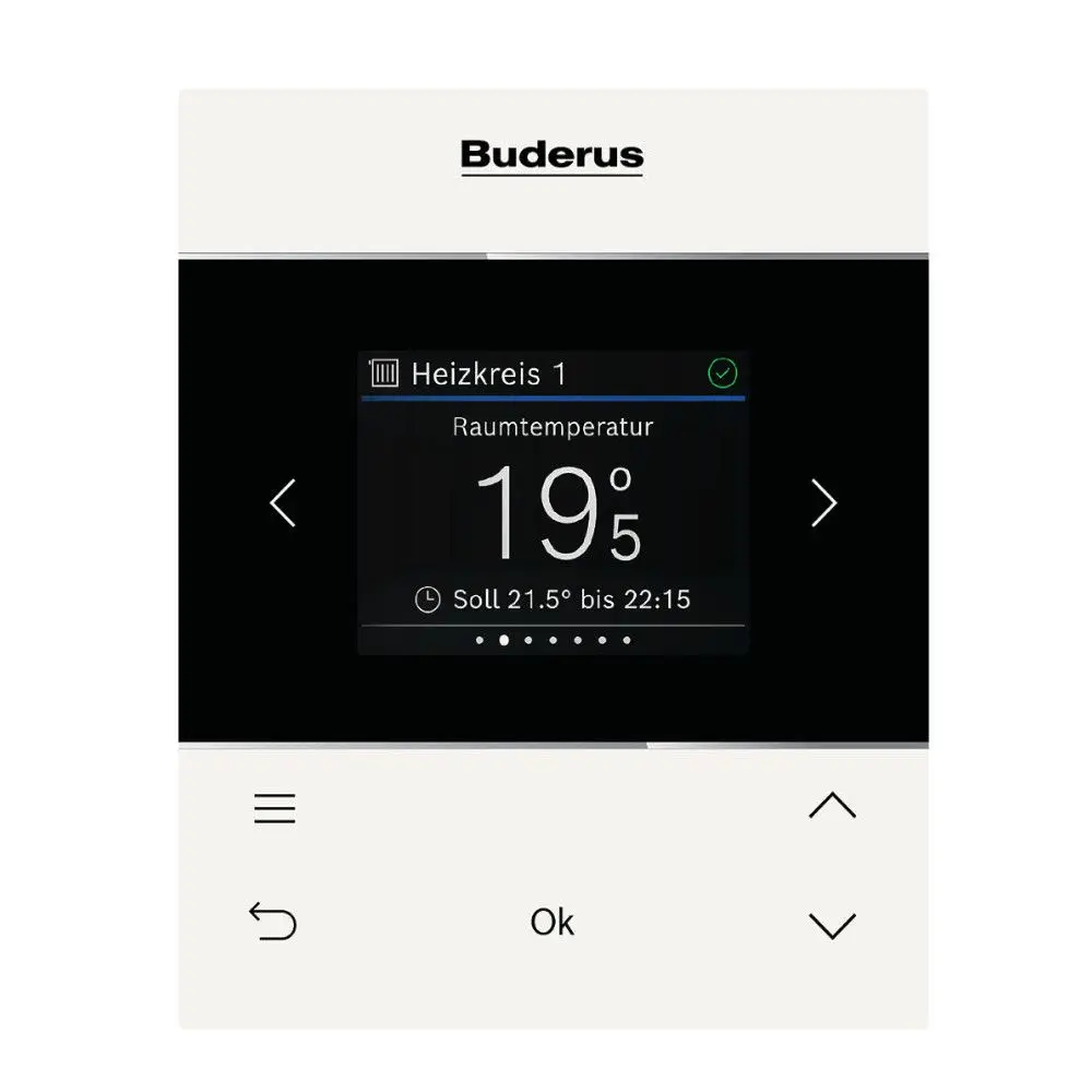 Buderus Raumthermostat mit digitalem Display, zeigt aktuelle Raumtemperatur und Sollwert an, mit Bedientasten für Temperaturregelung.