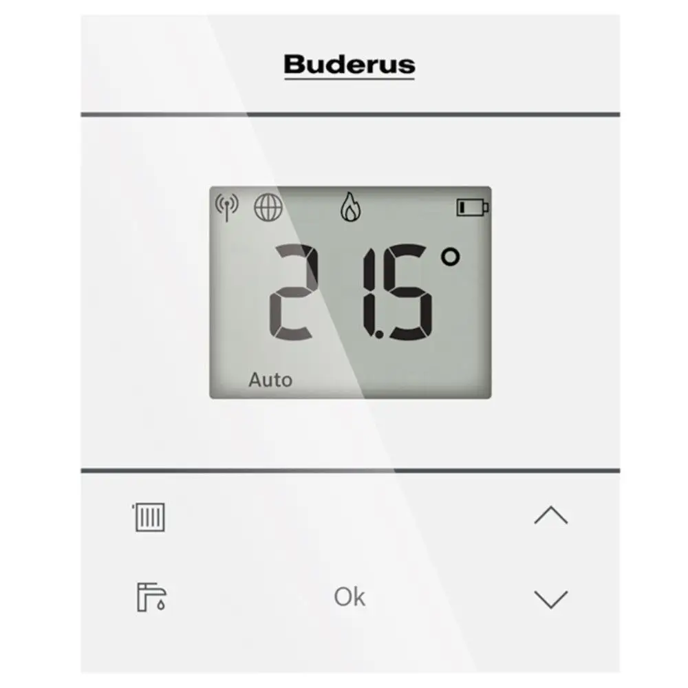 Buderus digitale Heizungssteuerung mit Display, Temperaturanzeige von 21,5 °C und Bedienelementen für Einstellungen und Ok-Button.