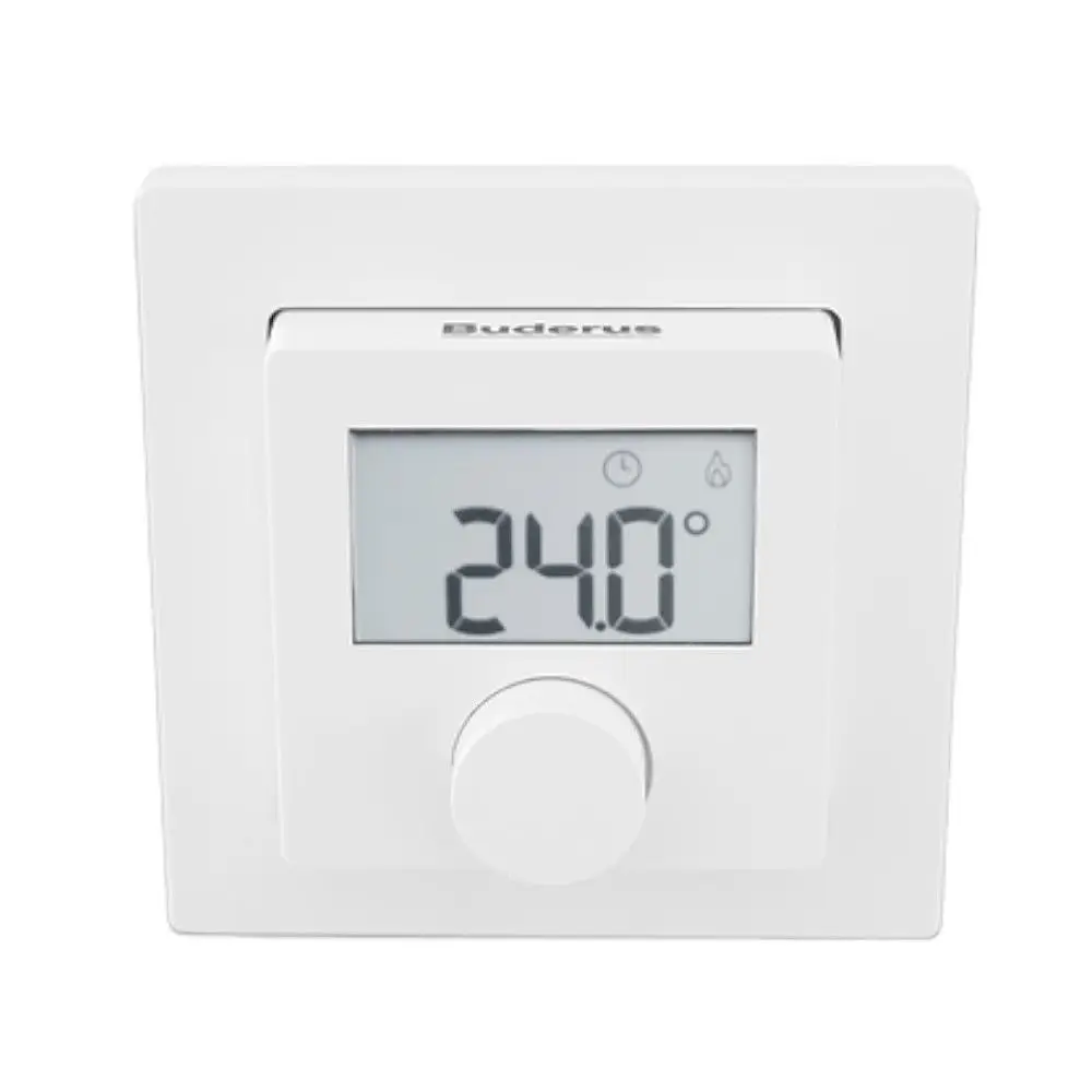 Weißer Raumthermostat mit digitalem Display, zeigt 24°C an. Marke Buderus, mit einem Drehregler zur Temperaturregelung. Einfaches Design für Wandmontage.