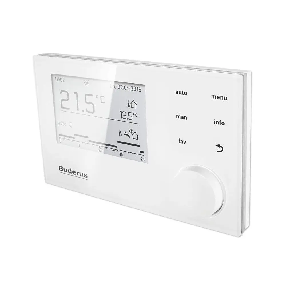 Weißes Bedienelement von Buderus mit digitalem Display, Temperaturanzeige und Tasten zur Menüfunktionen sowie einem Drehregler. Temperatur ist auf 21,5 °C eingestellt.
