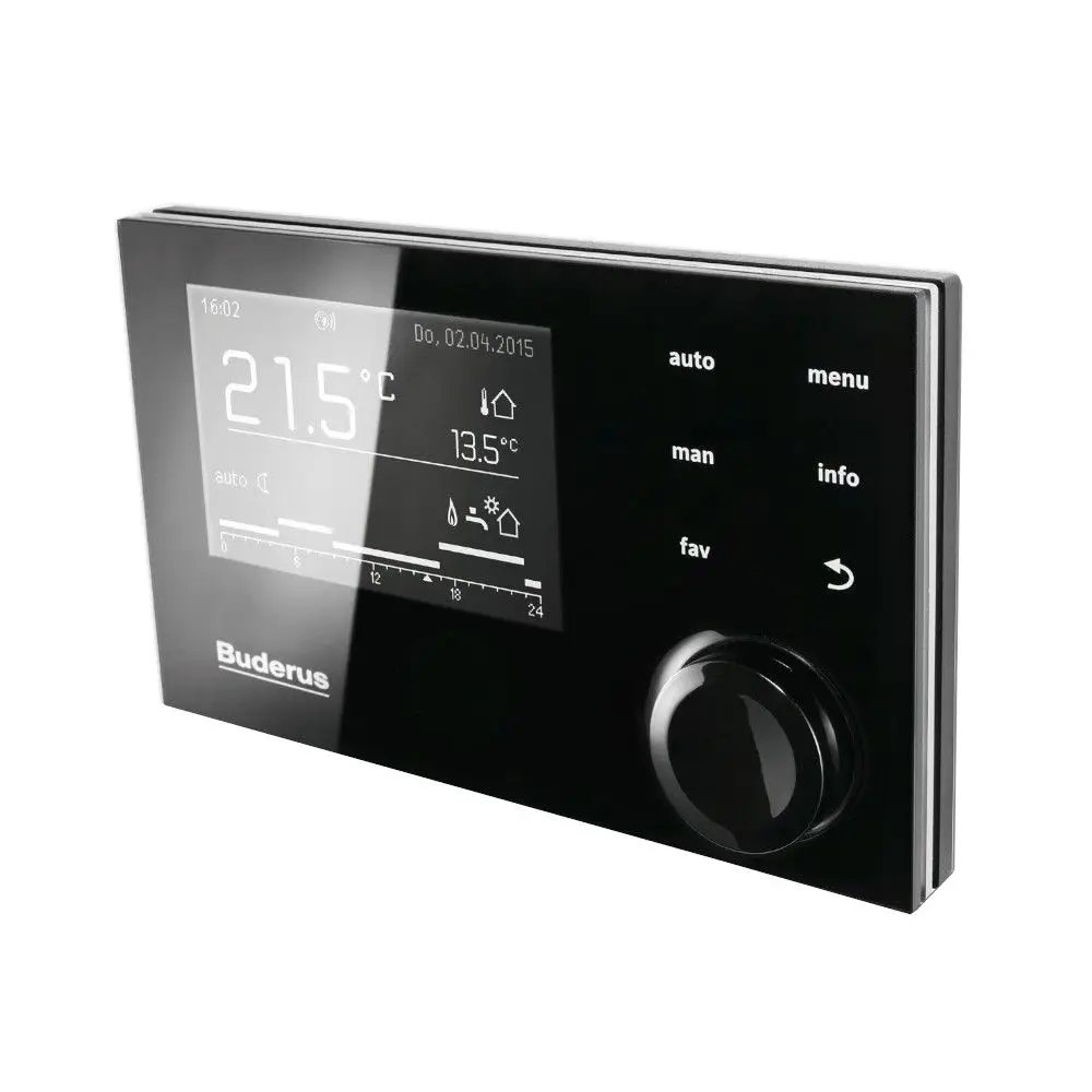 Buderus System-Bedieneinheit mit digitalem Display, Temperaturanzeige und Steuerungselementen für Heizsysteme in einem modernen Design.