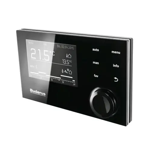 Digitales Thermostat von Buderus mit Temperaturanzeige und Steuerungsfunktionen, in einem eleganten, schwarzen Design.