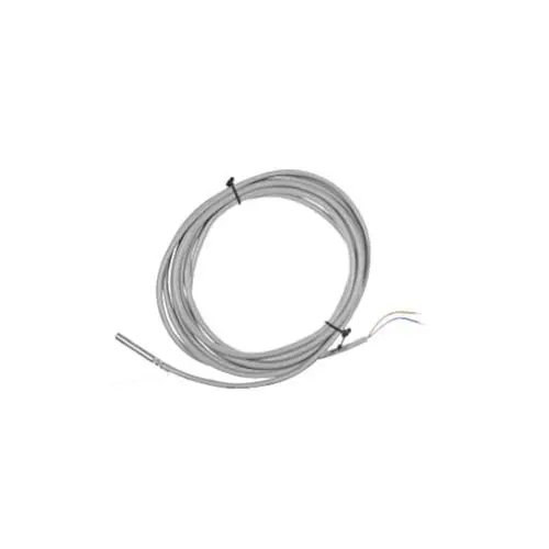 Ein graues Kabel mit einer dünnen, metallischen Spitze, aufgewickelt und mit Kabelbindern fixiert. An einem Ende befinden sich mehrere Drähte in verschiedenen Farben.