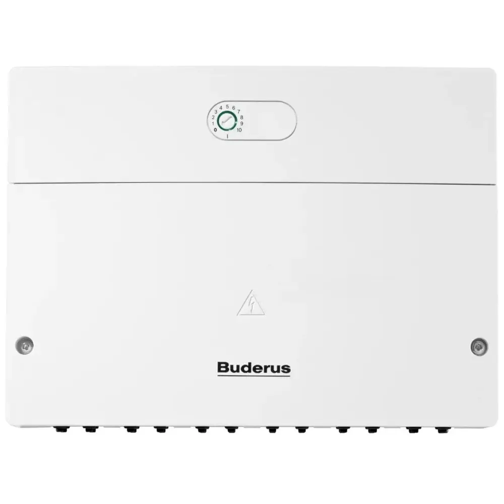 Weiße Steuerungseinheit für Solaranlagen von Buderus mit einstellbarem Regler und Anschlussmöglichkeiten an der Unterseite.