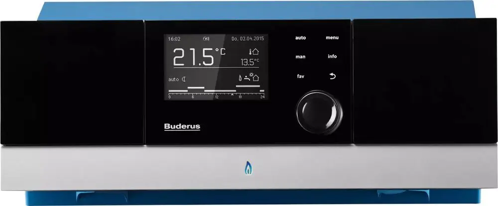 Buderus Steuergerät mit Display zur Temperaturregelung und mehreren Einstelloptionen. Datenanzeige und Bedienelemente auf der Vorderseite.