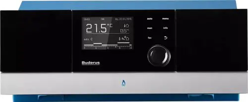 Buderus Gas-Brennwertkessel Logano plus KB372 mit digitalem Display, Temperaturanzeige und Steuerungselementen in moderner Optik.