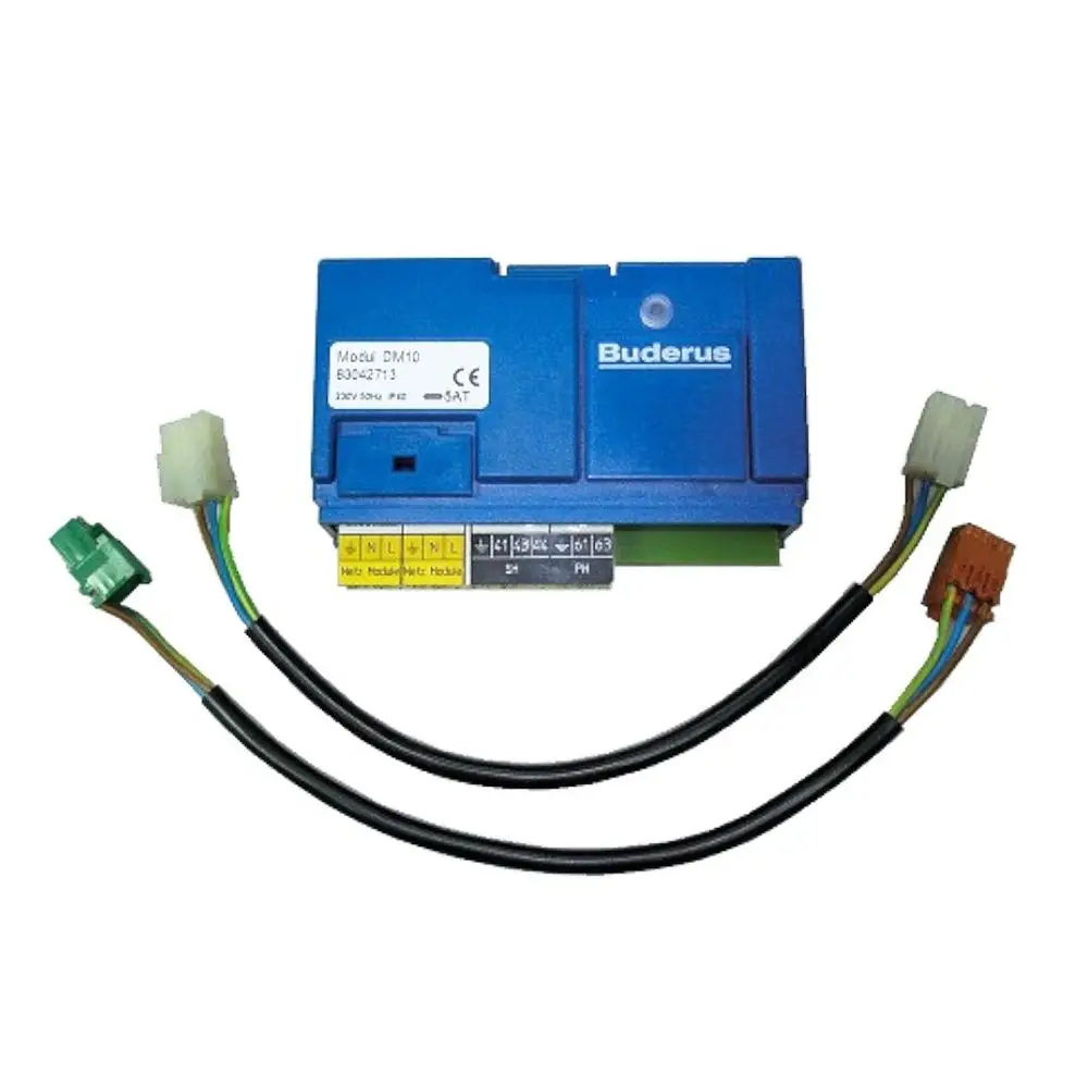 Buderus Drosselklappenmodul in blauer Gehäusefarbe mit mehreren Anschlusskabeln und Anschlusssteckern für die Integration in Heizsysteme.