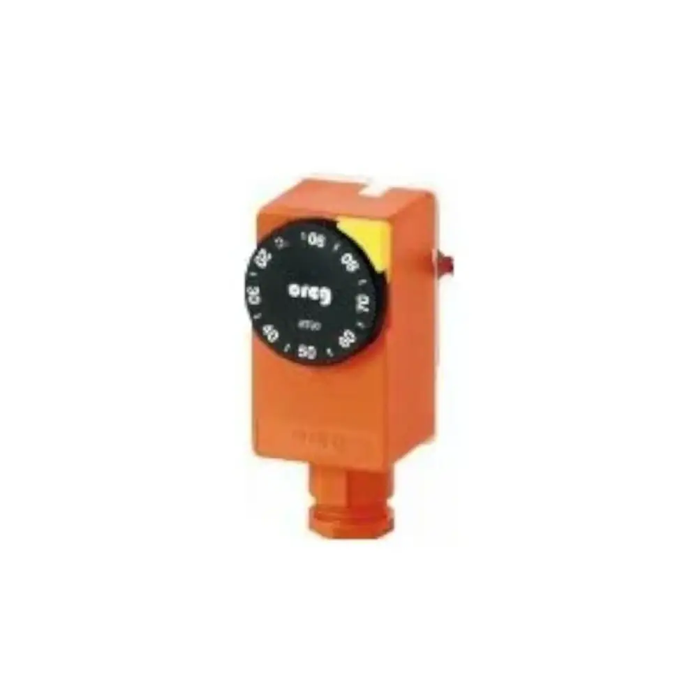Temperature controller in orange housing with a black dial, designed for monitoring temperature. Manufactured by Buderus. Suitable for industrial applications.