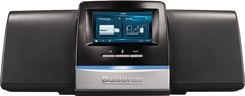 System-Regelgerät mit Touchbedienung von Buderus, ausgestattet mit einem Bildschirm zur Anzeige von Einstellungen und Systeminformationen, in einem kompakten Gehäuse.