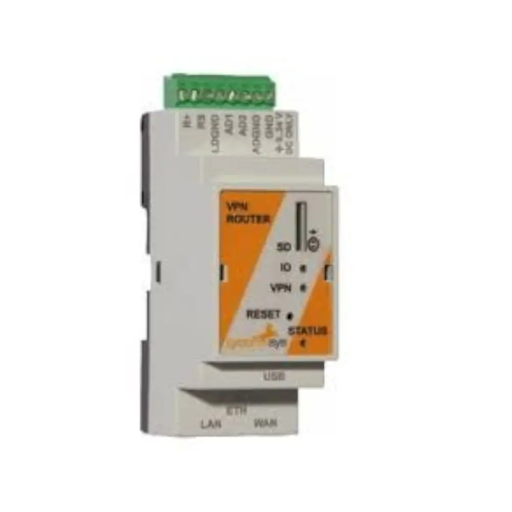 VPN-Router der Marke Buderus mit Anschlussmöglichkeiten für LAN, WAN und USB. Anzeigefelder für Status, SD-Karte, I/O und VPN-Funktionalität. Kompakte Bauform.