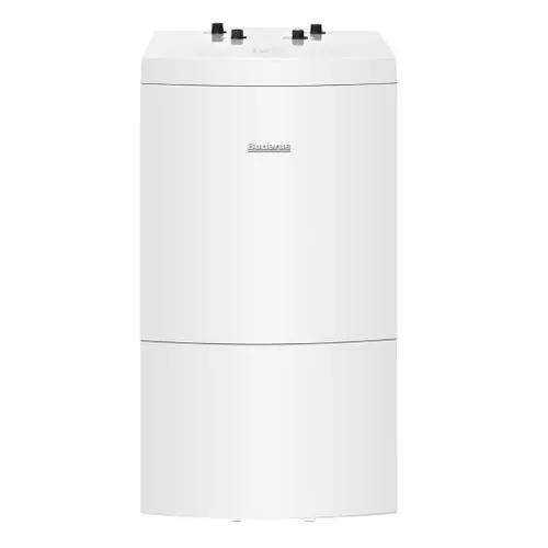 Weißer Buderus Warmwasserspeicher in zylindrischer Form mit an der Oberseite angebrachten Anschlüssen.