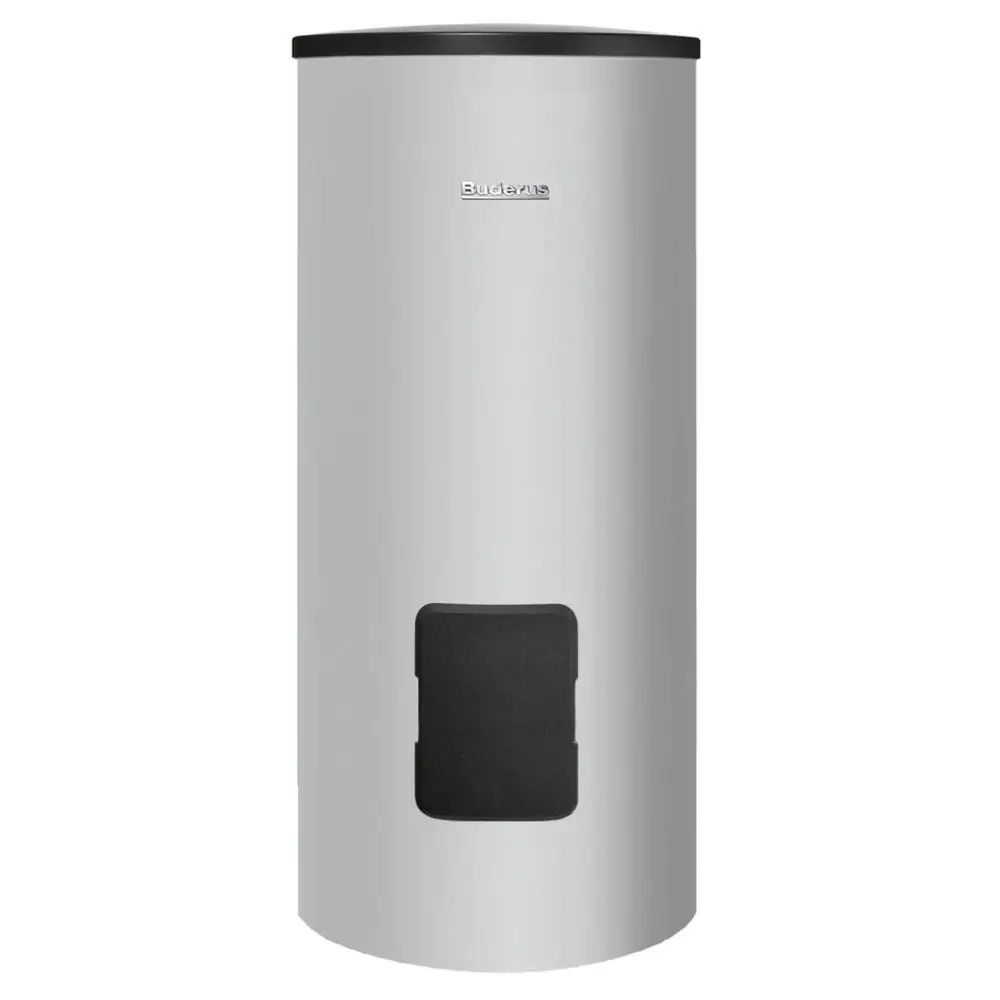 Warmwasserspeicher von Buderus, zylindrisch, in silberner Oberfläche, mit einer schwarzen Zugangsklappe an der Front.
