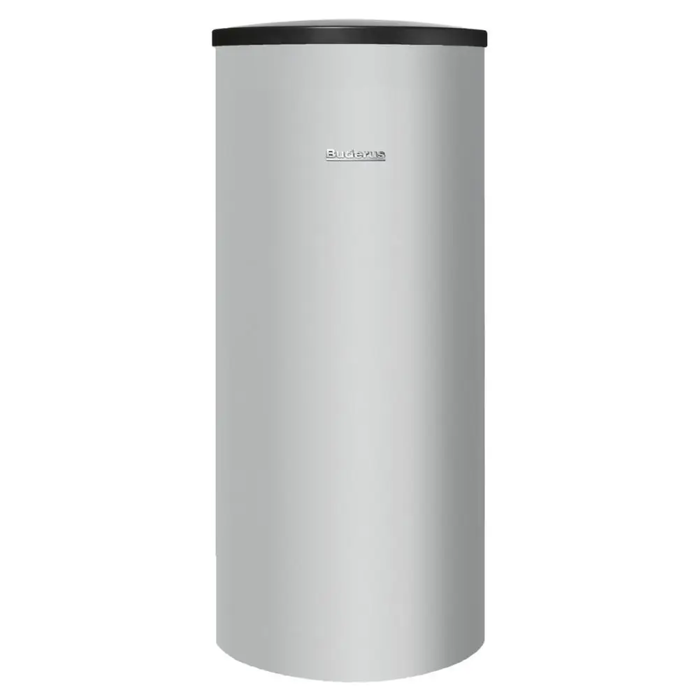 Vertikaler, zylindrischer Warmwasserspeicher in Grautönen von Buderus mit schwarzem Deckel. Design für die Installation in verschiedenen Räumen geeignet.