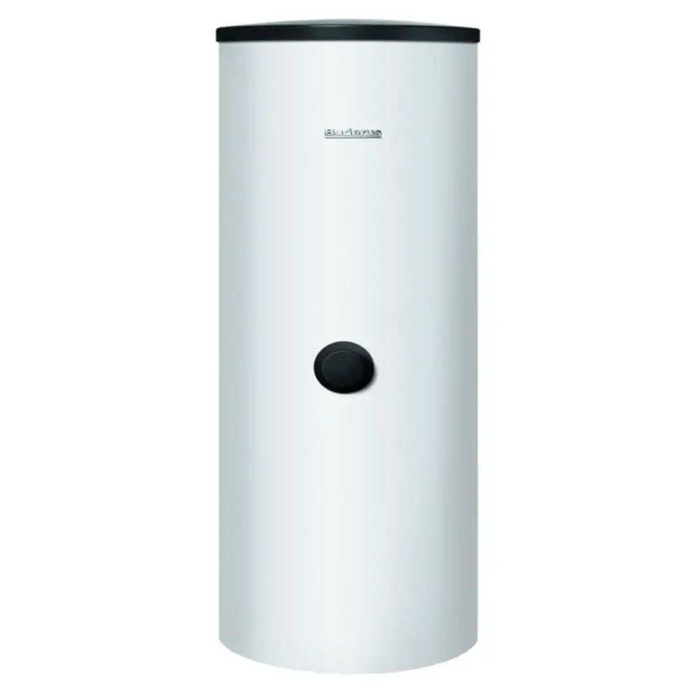 Weißer Warmwasserspeicher von Buderus mit runder Form und schwarzem Deckel, ausgestattet mit einem manuellen Einstellknopf in der Mitte der Vorderseite.