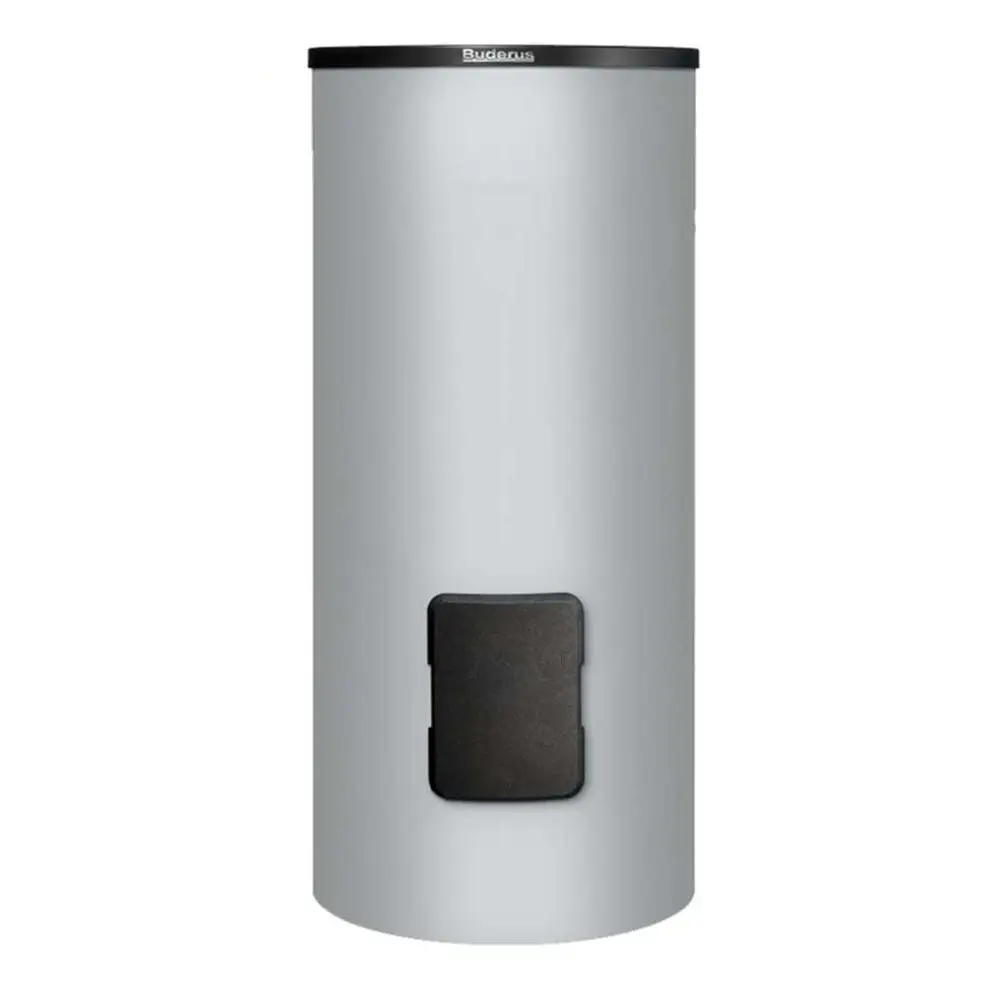 Vertikaler Warmwasserspeicher in grauer Farbe mit schwarzem Deckel. Auf der Vorderseite befindet sich eine schwarze Klappe. Produkt der Marke Buderus.