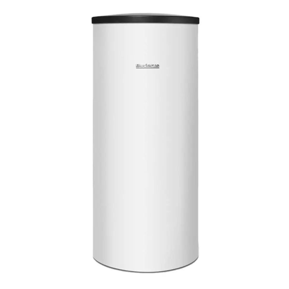 Weißer, zylindrischer Warmwasserspeicher von Buderus mit schwarzem Deckel. Geräteoberfläche glatt, ohne sichtbare Bedienelemente oder zusätzliche Merkmale.
