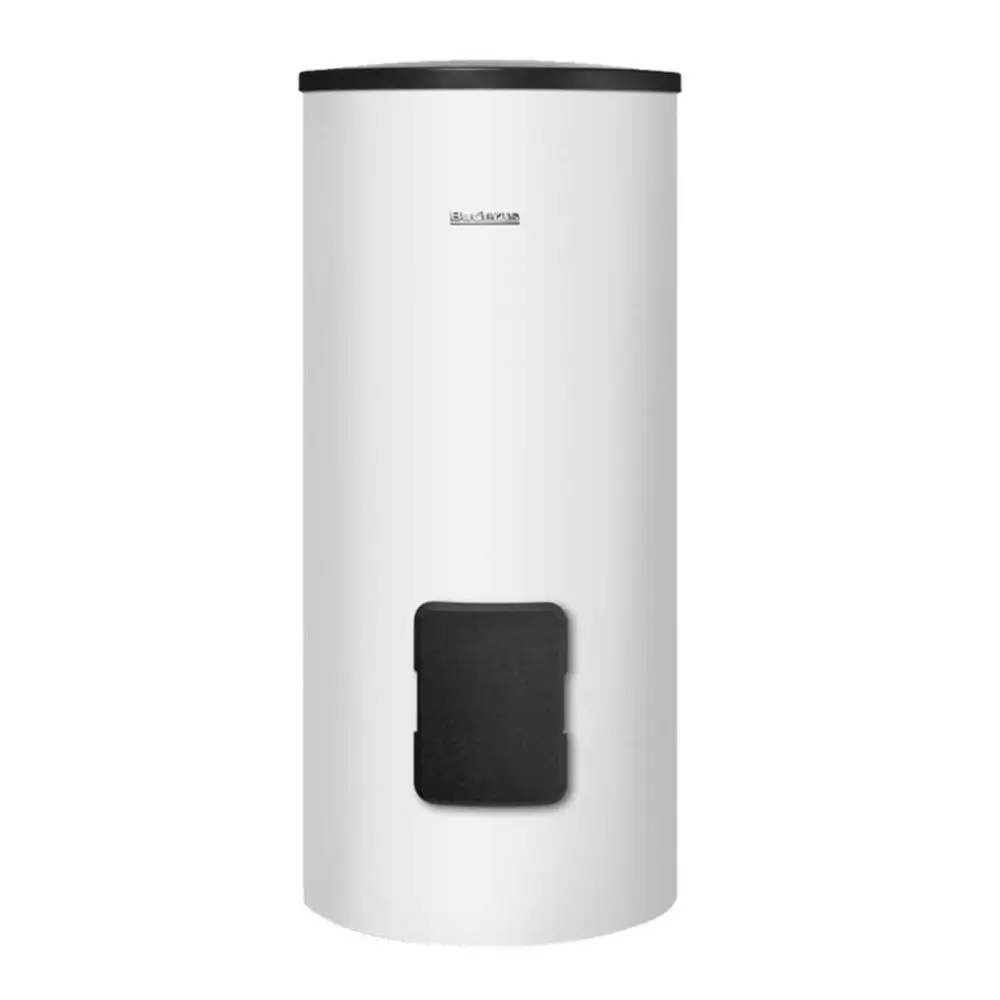 Weißer Warmwasserspeicher von Buderus mit rundem, schmalem Design und einer Öffnung auf der Vorderseite für technische Anschlüsse.