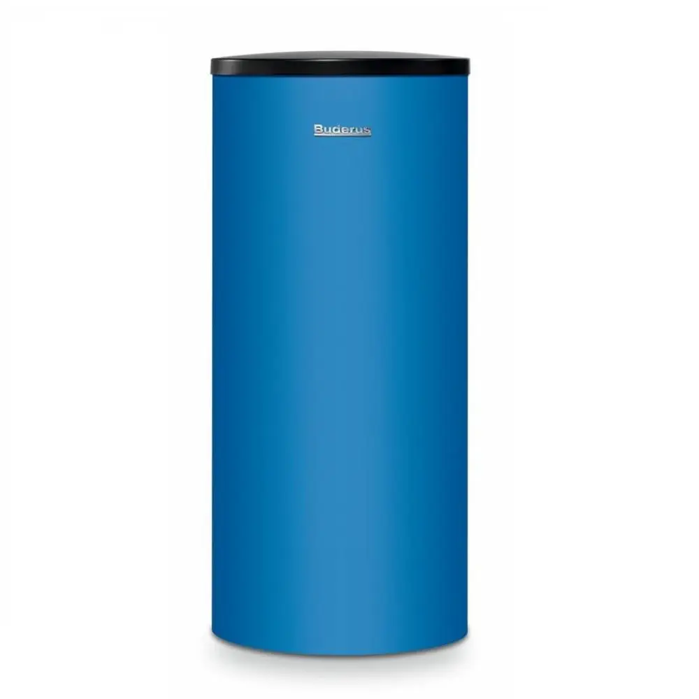 Blauer Warmwasserspeicher von Buderus, zylindrische Form mit einem schwarzen Deckel, auf neutralem Hintergrund.