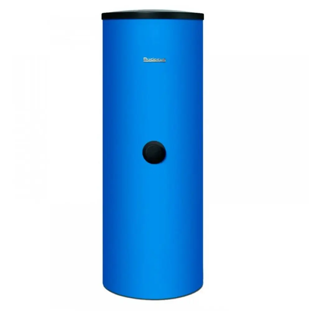 Blauer Warmwasserspeicher von Buderus, zylindrische Form mit schwarzem Deckel und einer schwarzen Bedieneinheit in der Mitte. Die Oberfläche ist glatt und einheitlich.