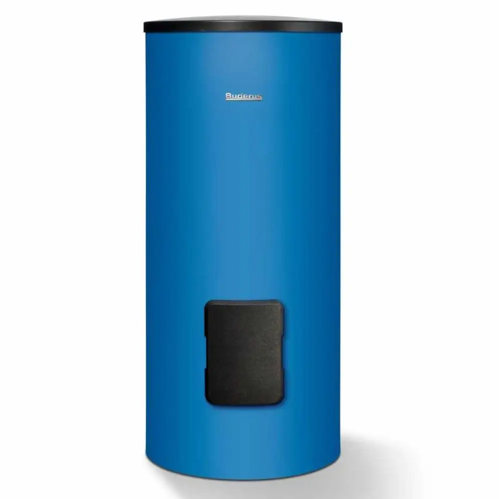 Buderus Warmwasserspeicher in blauer Farbe, zylindrische Form mit schwarzem Auslass. Einsatz zur Speicherung von Warmwasser.