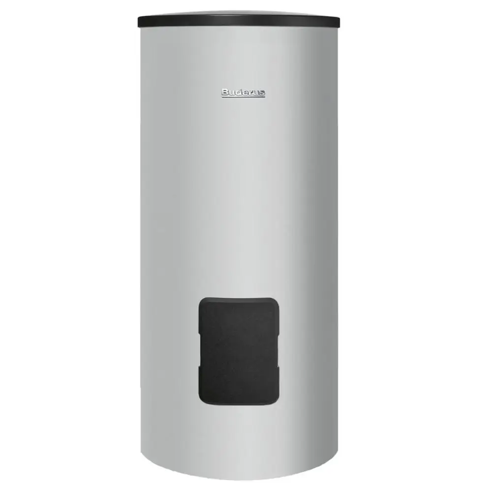 Weißer, zylindrischer Warmwasserspeicher von Buderus mit schwarzem Deckel und einer seitlichen Öffnung für den Anschluss an das Wasserleitungssystem.