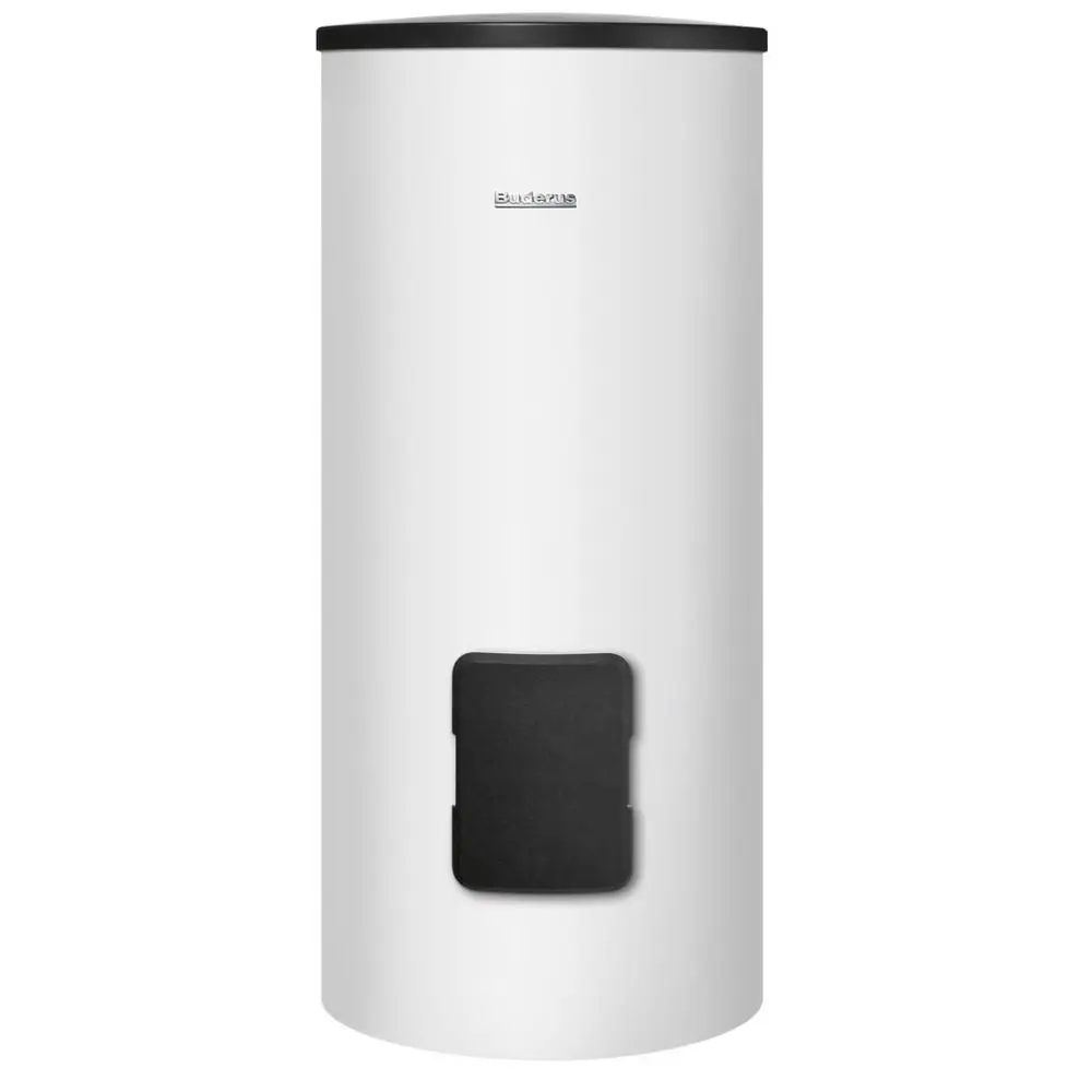 Weißer Warmwasserspeicher mit vertikaler, zylindrischer Form und schwarzem Zugangsschacht. Marke: Buderus.