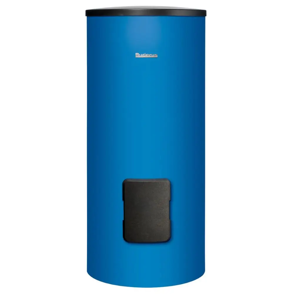 Blaue Warmwasserspeicher von Buderus mit zentraler Zugriffsklappe, gebogene Form und schwarzem Deckel, geeignet für die Warmwasserbereitstellung.