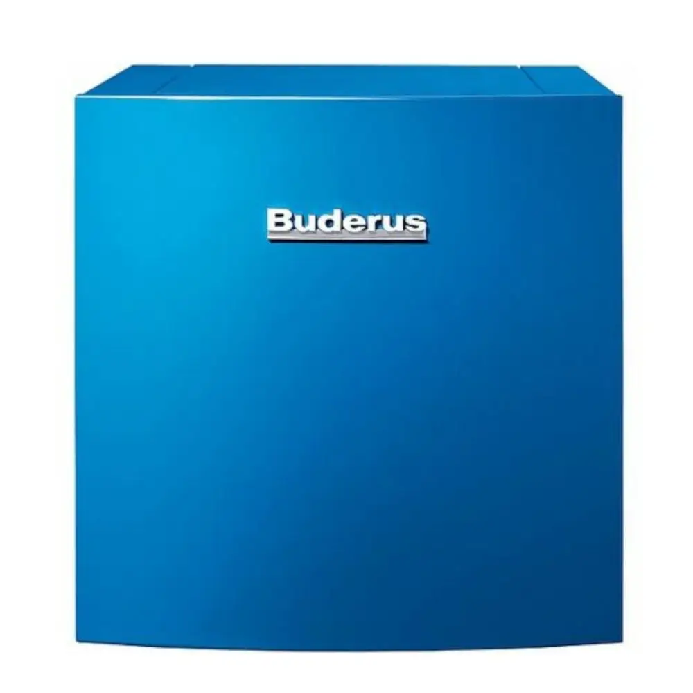 Blauer Buderus-Warmwasserspeicher mit glatter Front und integriertem Wärmetauscher, horizontal zu sehen, ohne sichtbare Maße oder spezifische Modellbezeichnung.