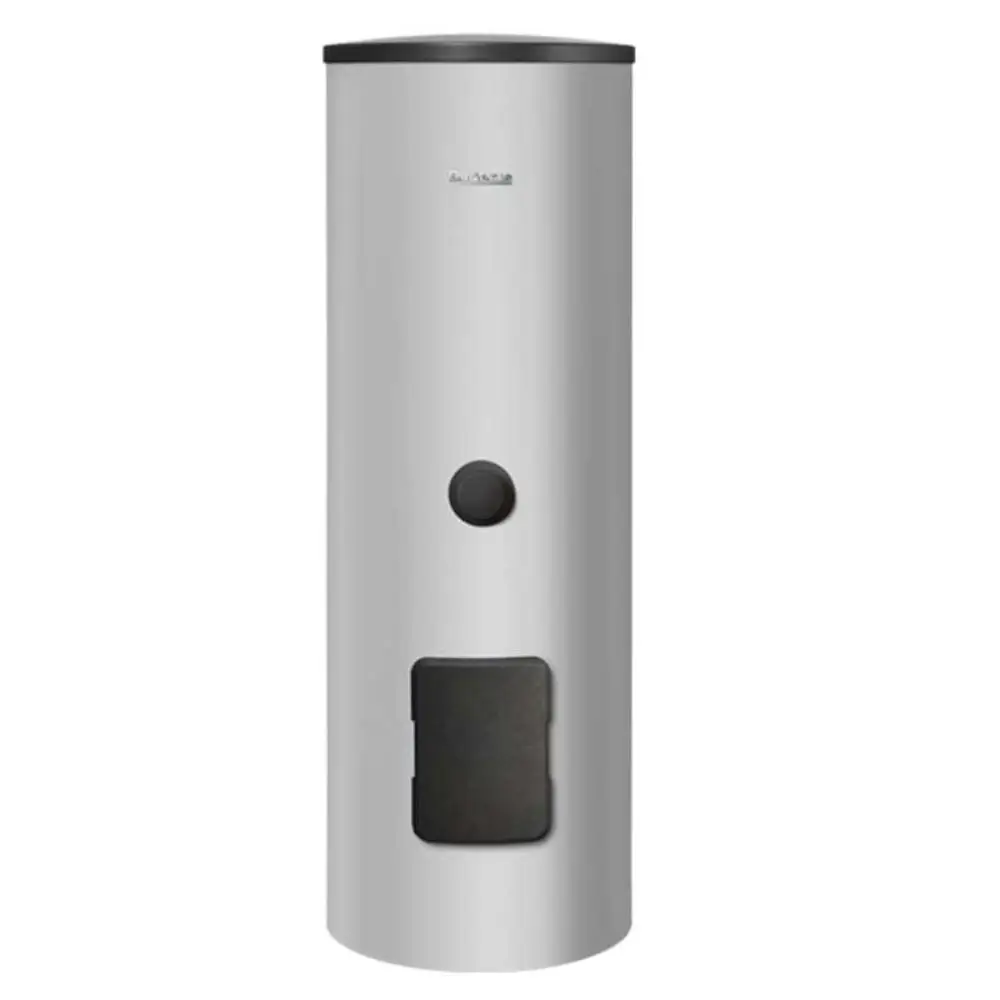 Buderus Warmwasserspeicher in zylindrischer Form, aus Edelstahl, mit einem schwarzen Deckel und einer Fronttür für den Zugang.