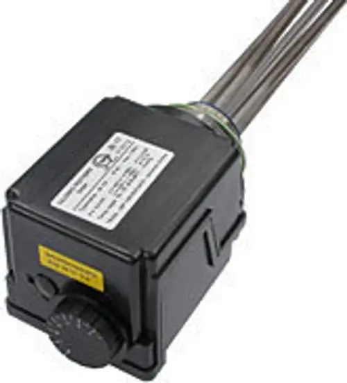 Elektro-Heizpatrone mit einem Gehäuse und zwei Heizstäben, hergestellt von Triatherm. Das Produkt hat eine steuerbare Funktion zur Regelung der Temperatur.