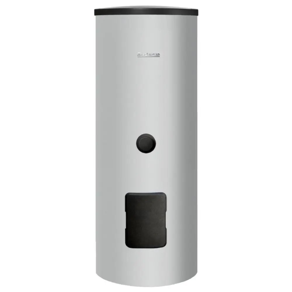 Buderus Warmwasserspeicher in vertikalem, zylindrischen Design, aus lackiertem Metall, mit einer runden Öffnung und einer rechteckigen Zugriffsklappe an der Vorderseite.