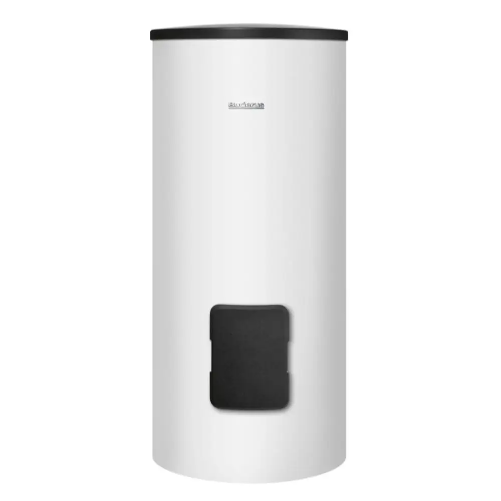 Weißer, zylindrischer Warmwasserspeicher von Buderus mit schwarzem Deckel und frontaler Entnahmeöffnung.