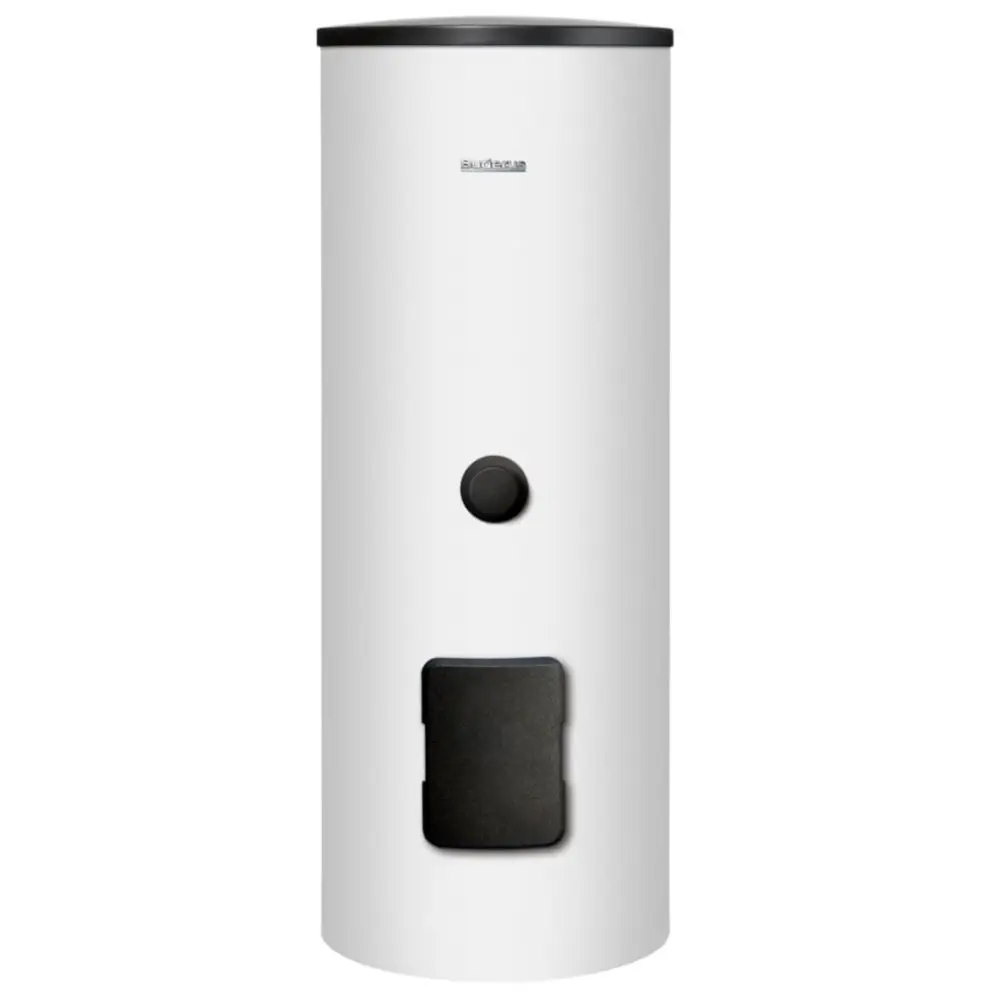 Buderus Warmwasserspeicher in zylindrischer Form, weiß, mit einem Bedienelement und einer Öffnung an der Vorderseite.