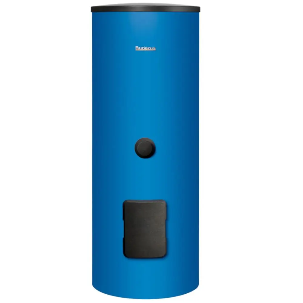 Buderus-Warmwasserspeicher in Blau, zylindrische Bauform mit einem Heizkreiseingang und einer zugänglichen Wartungsklappe an der Unterseite.
