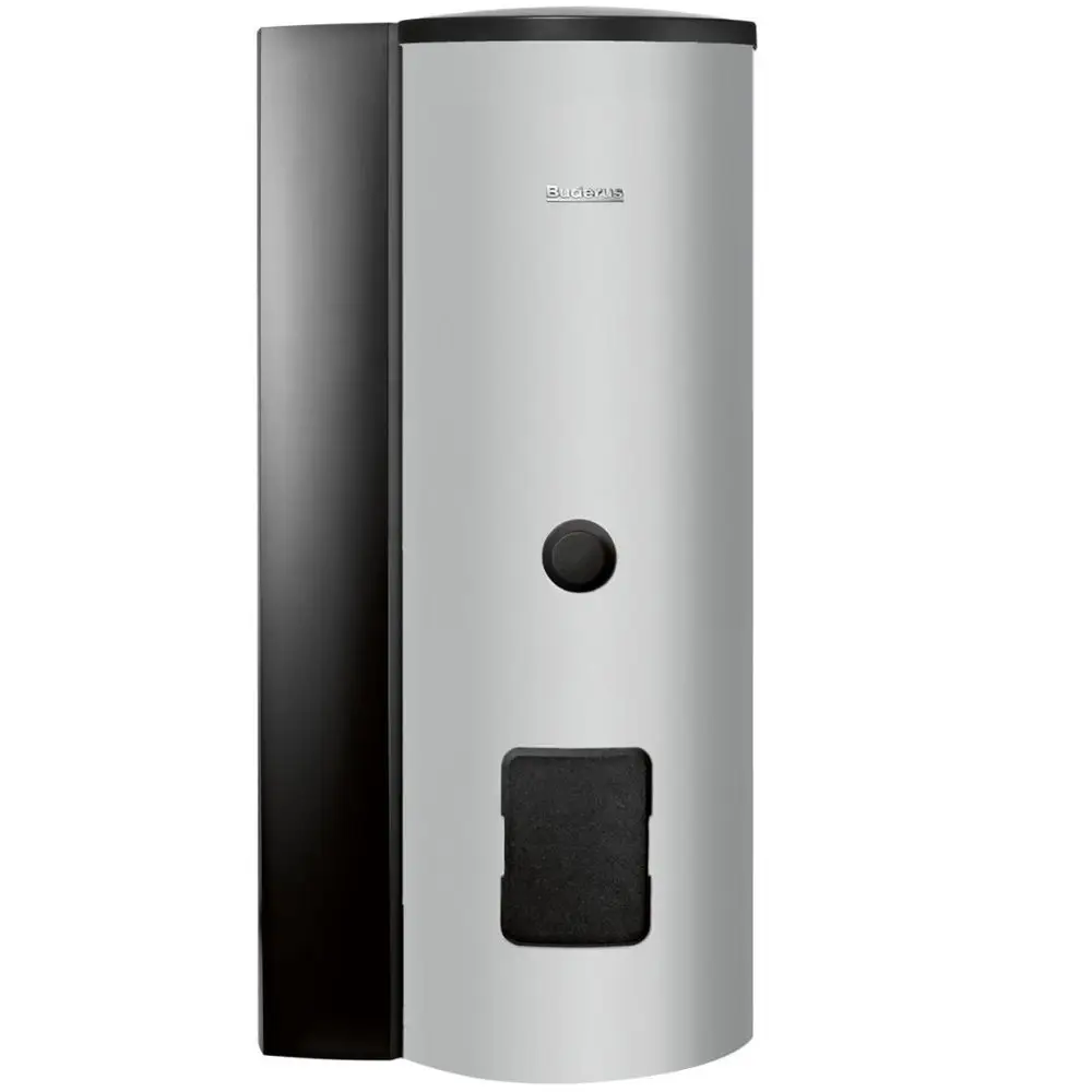 Buderus Edelstahl-Warmwasserspeicher in vertikaler Bauweise, mit regelbarem Anschluss für Solarenergie und einem sichtbaren Bedienelement.