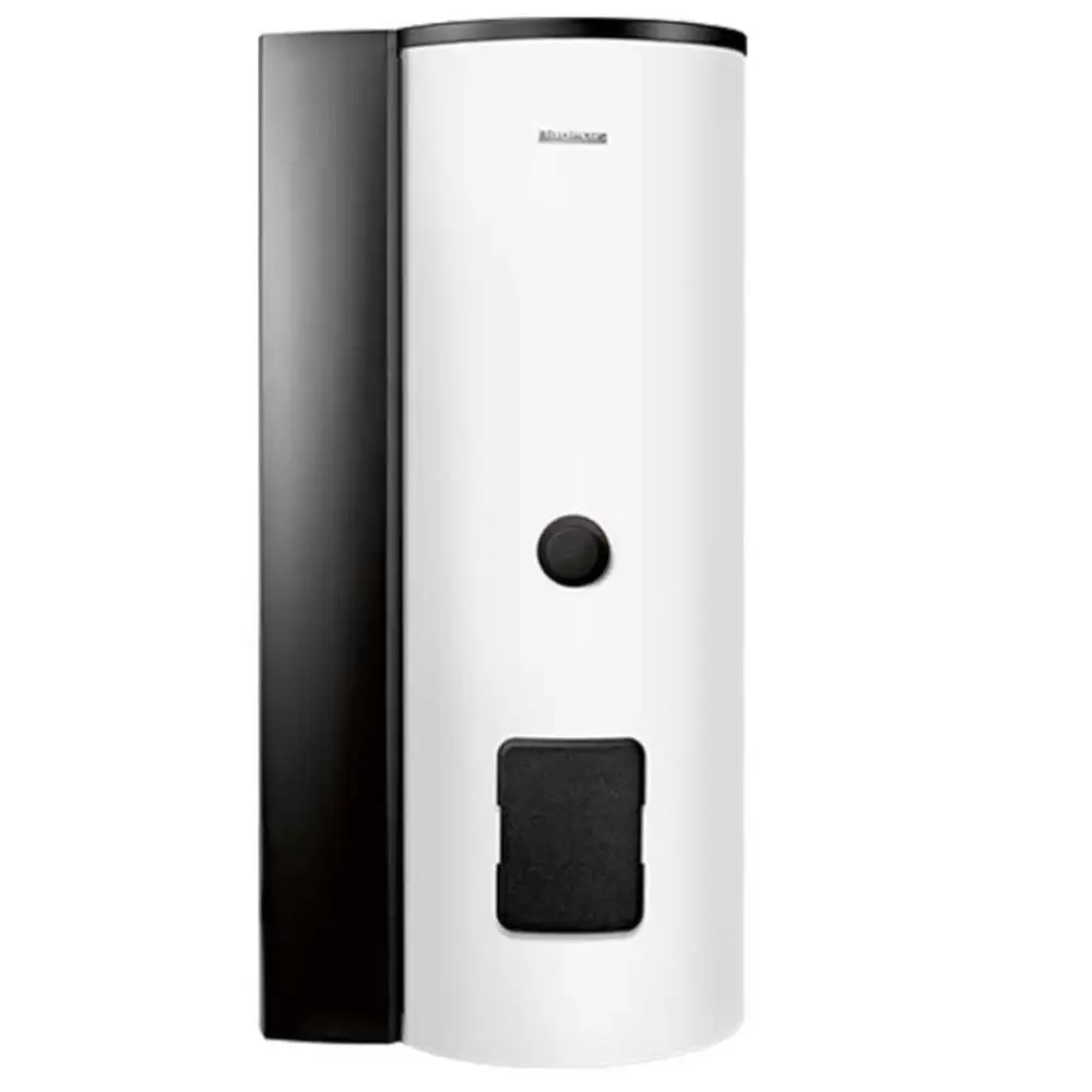 Weißer, zylindrischer Bivalenter Warmwasserspeicher von Buderus mit integriertem Bedienpanel. Entwurf ermöglicht einfache Installation und Nutzung.