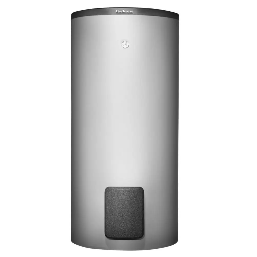 Weißer Warmwasserspeicher von Buderus mit vertikaler Form und einem Bedienfeld am unteren Ende.