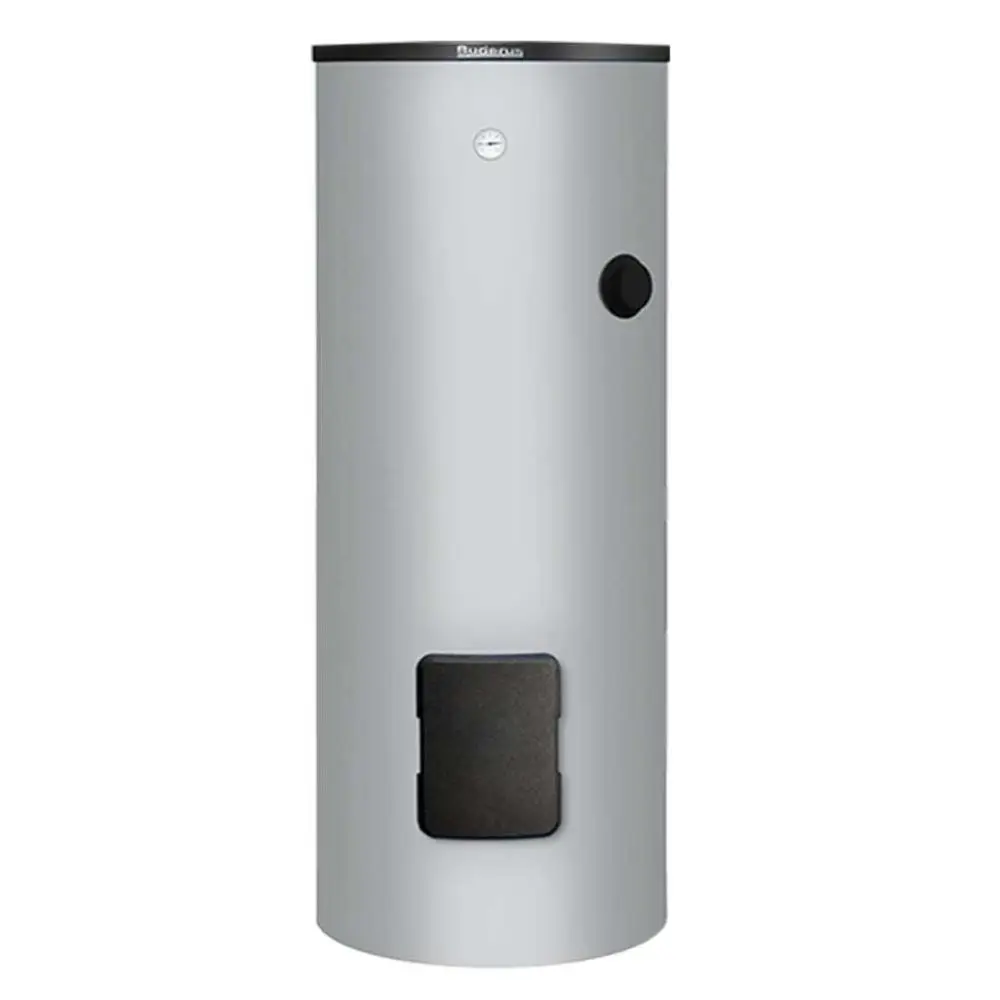 Buderus-Warmwasserspeicher in zylindrischer Form, mit weißer Oberfläche und schwarzem Zugang. Geeignet für den Einsatz mit Wärmepumpen.